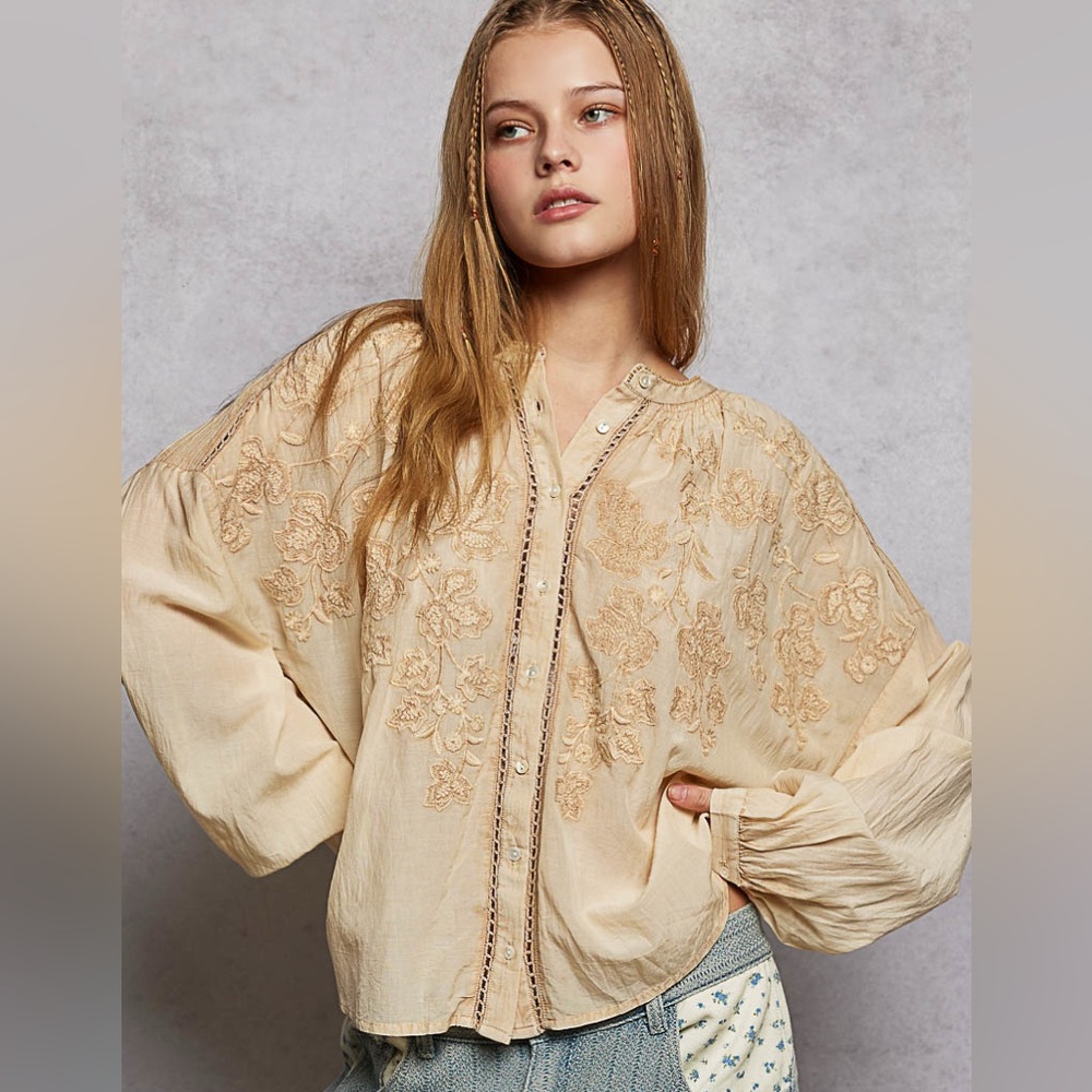 ♥️Hello Gorgeous! POL Embroidery Button Down Long Sleeve Washed Shirt - Almond - Picture 3 of 10